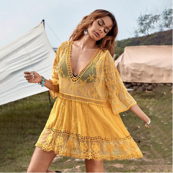Floral Pattern Lace Swimsuit Coverup In Yellow - Picture 4 of 9